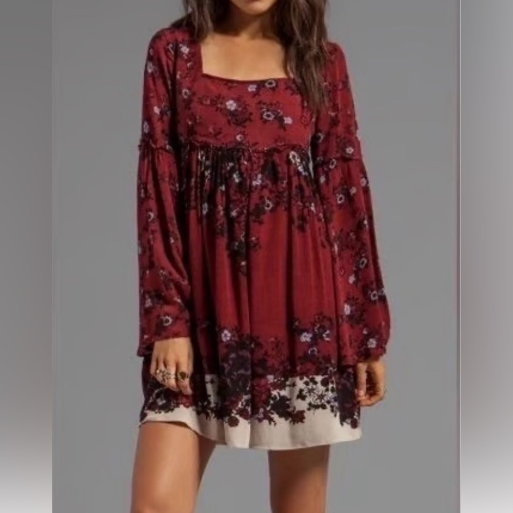 Free People Modern Chinoiserie Floral Print Mini Dress Merlot Combo Size M